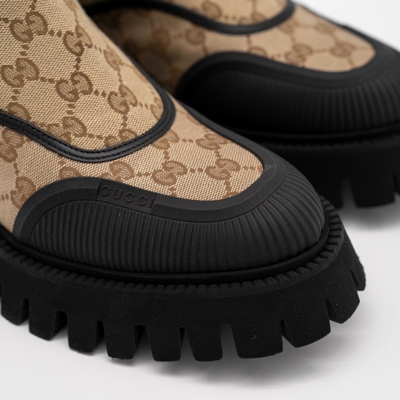 size 9G 9.5 US Gucci Boots Chelsea Beige Brown Black Canvas Ankle GG Monogram - Picture 7 of 11